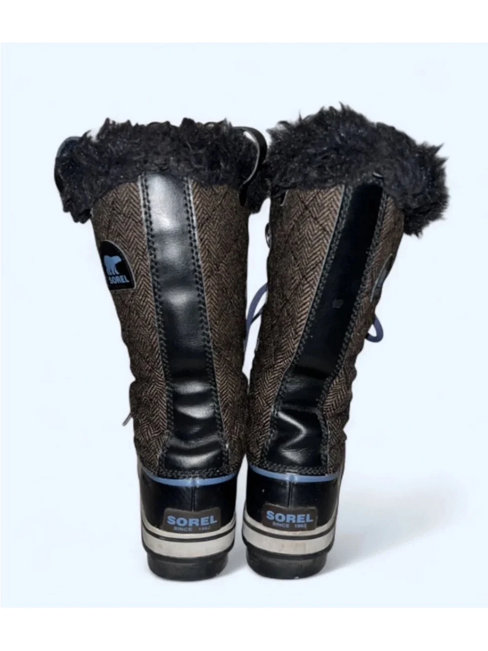 SOREL TOFINO Women’s Black Brown Herringbone Waterproof Snow Boot Blue Laces 7.5